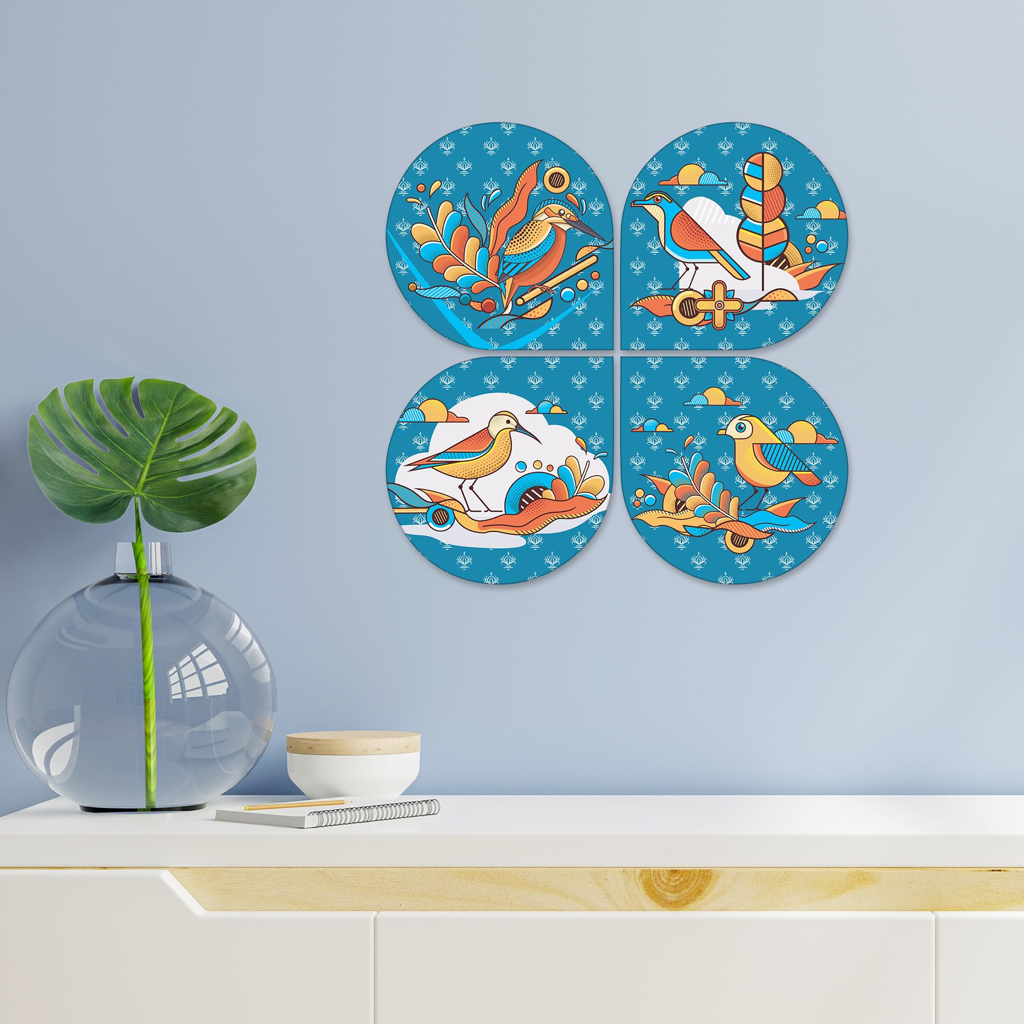 Artvibes Birds Decorative Wall Art MDF Wooden Wall Hanger for Home | Living Room | Office | Cafe | Painting Wall Decor | Wall Illustrations | Artworks Hangings | Gift Items (WH_8423N), Set of 4