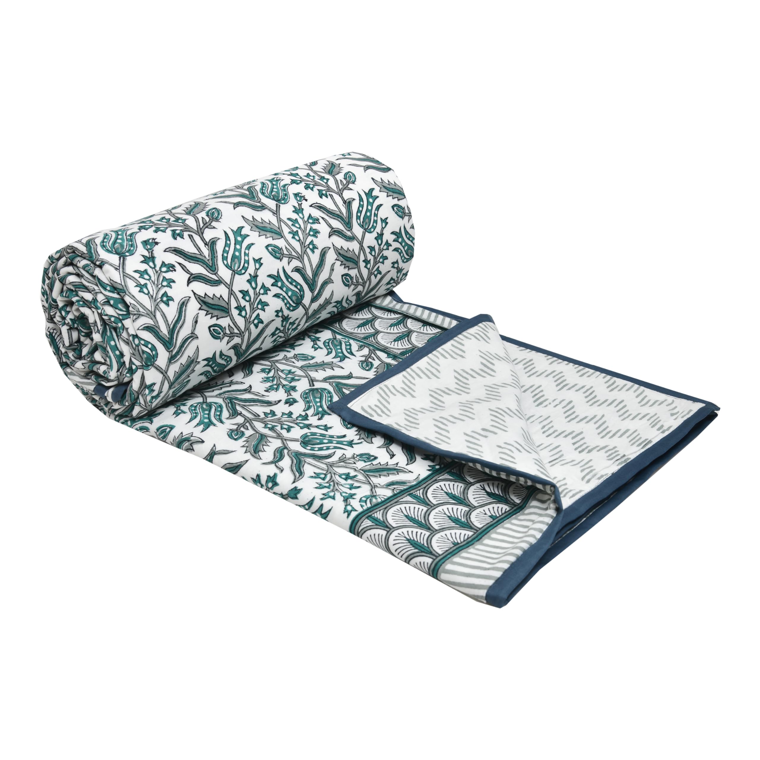 BLOCKS OF INDIA 100% Cotton Dohar King Size Reversible Hand Block Printed Malmal Summer Dohar/Blanket (Green BEL) Kafalo