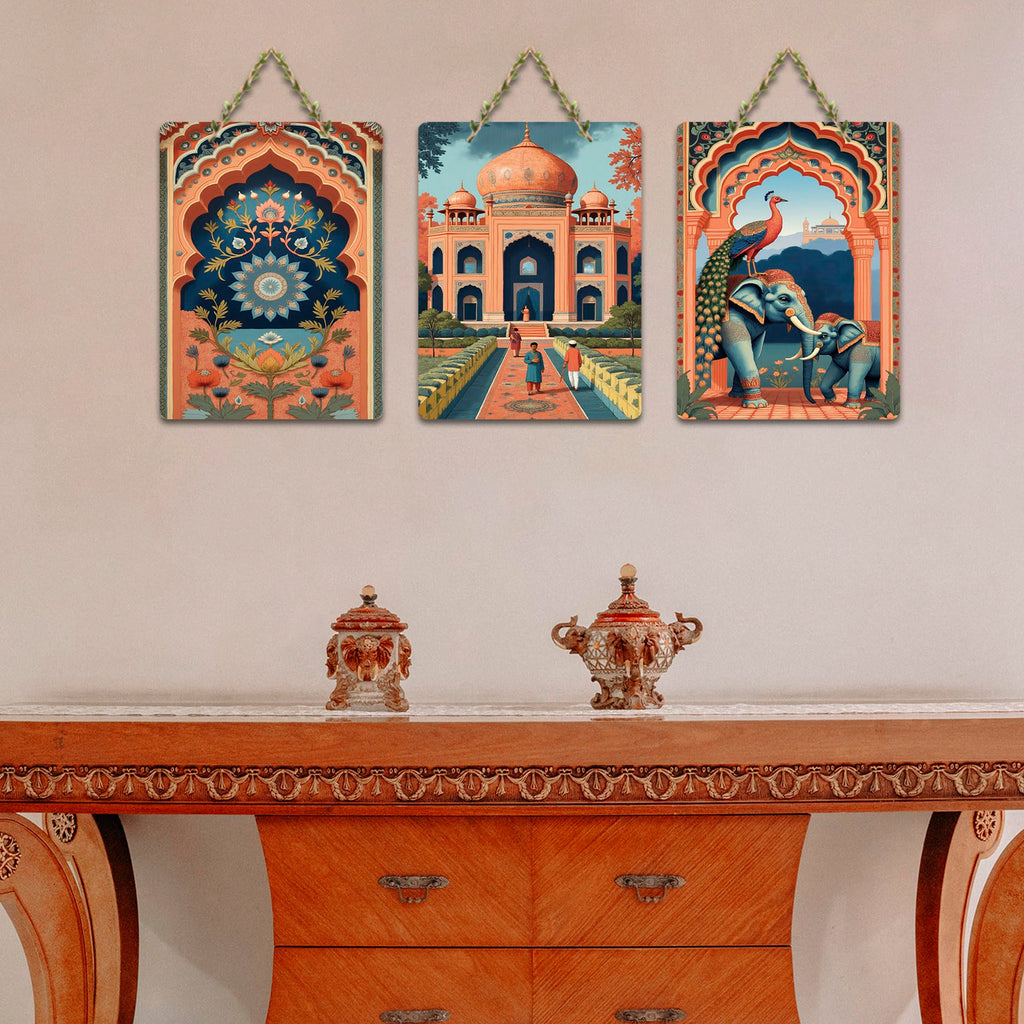 Artvibes Taj Mahal, Peacock & Elephant Cultural Indian Modern Art Decorative Wall Art MDF Wooden Wall Hanger for Home | Home Decor | Aesthetic Wooden Decor | Art Print | Gift (WH_9664N), Set of 3