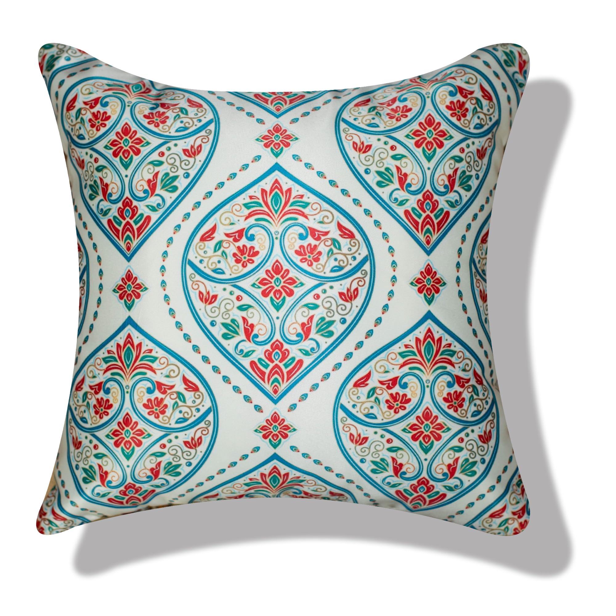 Vendola Decorative Satin Sofa Cushion Covers Set of 5, 16 inch x 16 inch, Sofa Pillow Cover, Ethnic Festive, White and Blue, Mandala Design, Zipper Closure (Mandna, 16X16 Inches)