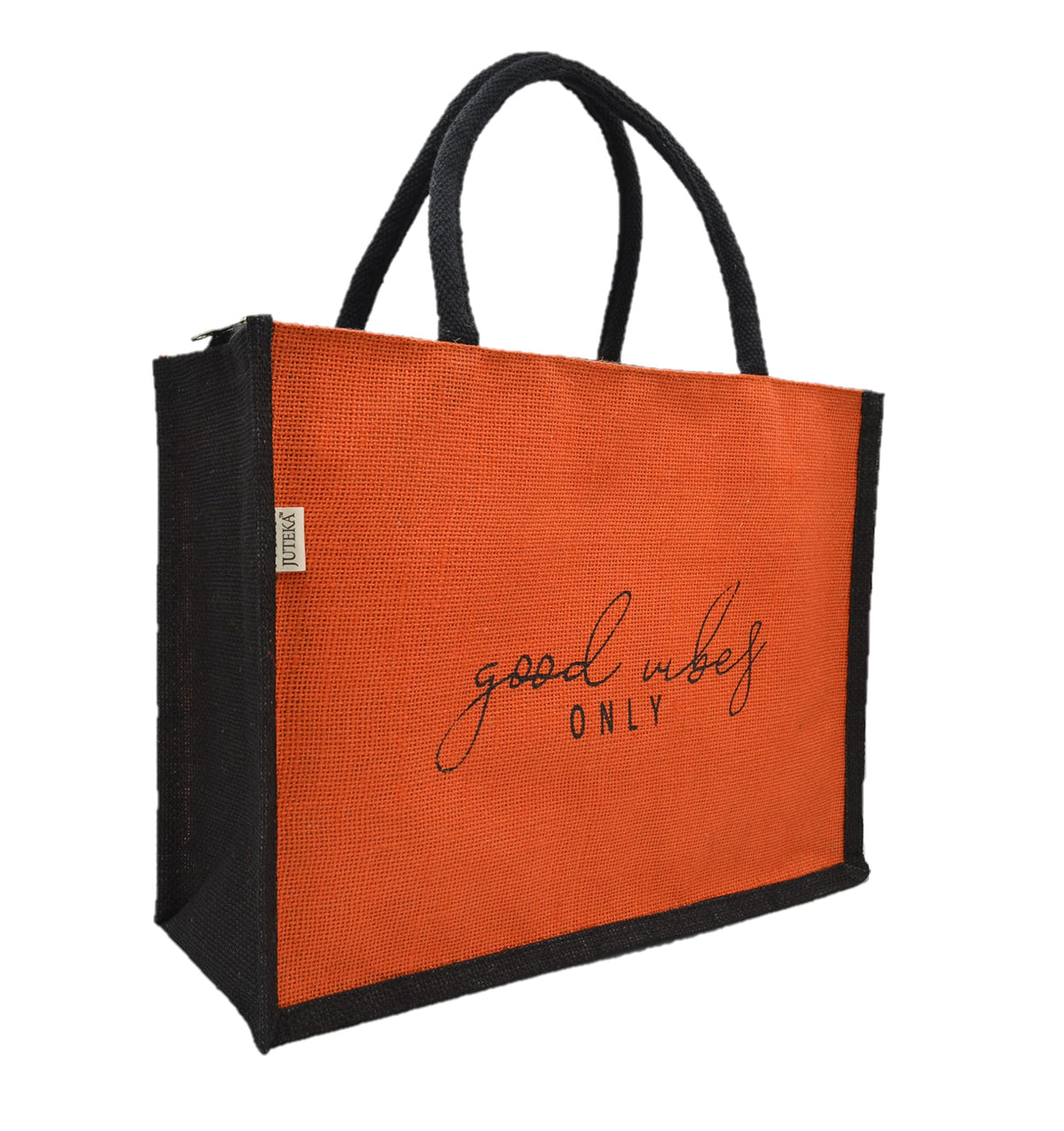 JUTEKA Unisex-adult Orange And Black,Quote Printed Jute Bag For Lunch, Office, Grocery, Picnic, Tiffin, Shopping Hand Bag With Padded Cotton Handles