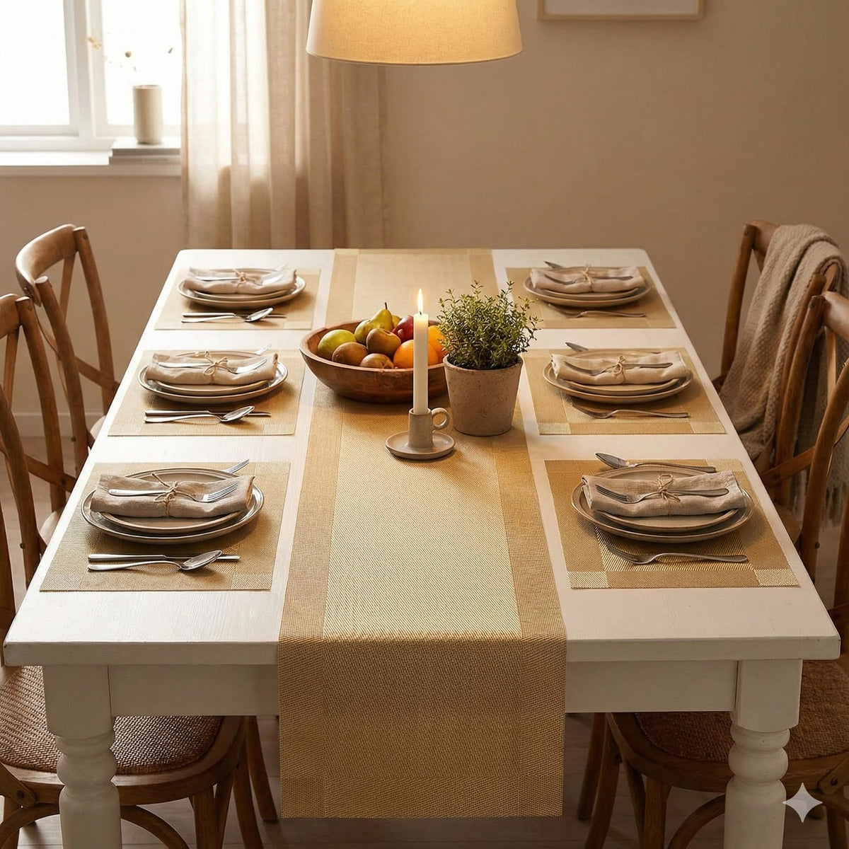 YELONA Dining Table Placemats and Runner Set - Heat Resistant, Washable, Stain Resistant Mats - Woven Vinyl Plastic - Easy to Clean-(45x30 cm 6 Placemats, 180x30 cm 1 Runner)-Ideal for Stylish Dining Kafalo