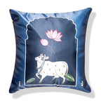 Vendola Decorative Satin Sofa Cushion Covers Set of 5, 24 Inch x 24 Inch, Sofa Pillow Cover, Ethnic Festive Cow Pichwai, Multicolor, Rajasthani Design Zipper Closure (Cattle, 24X24 Inches)