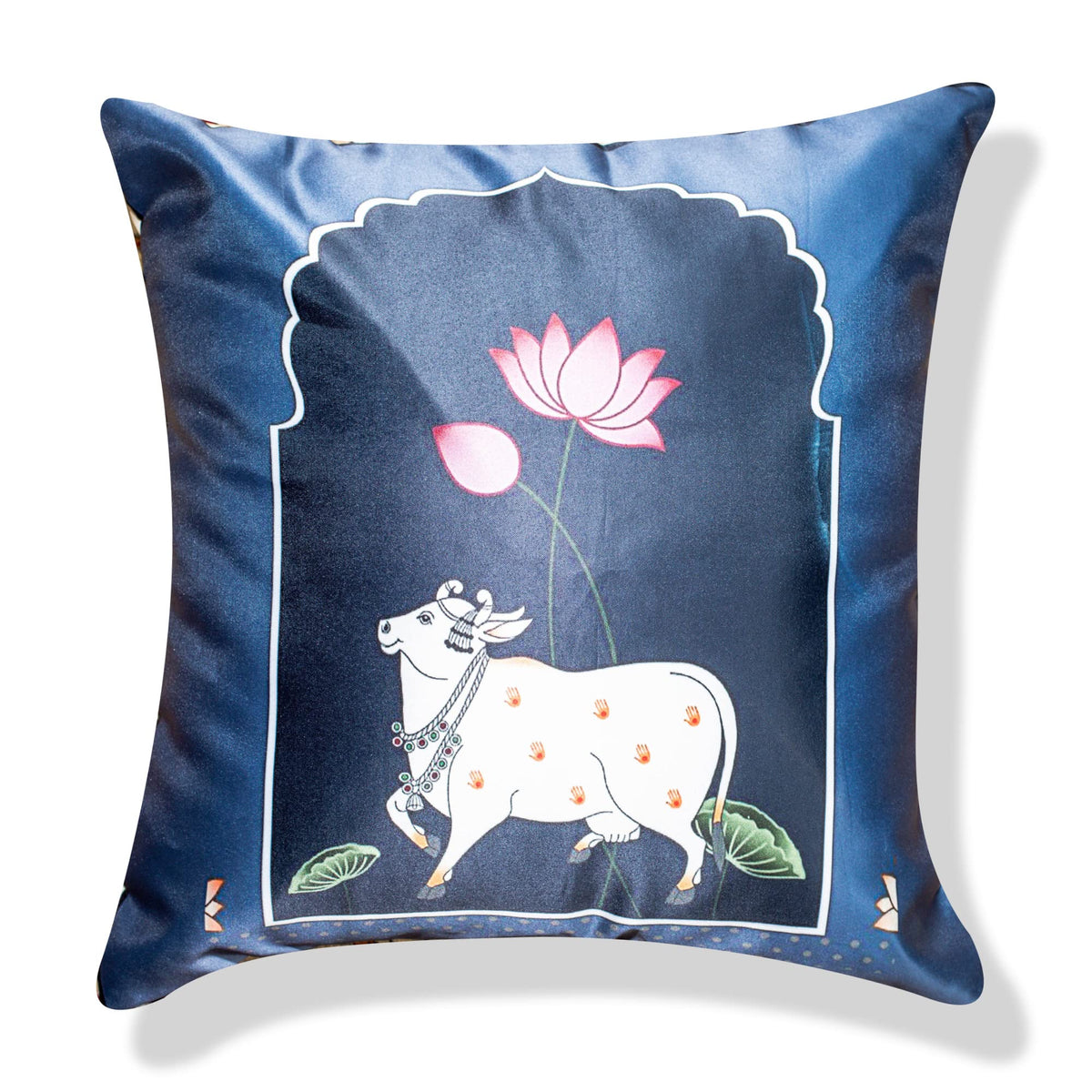 Vendola Decorative Satin Sofa Cushion Covers Set of 5, 24 Inch x 24 Inch, Sofa Pillow Cover, Ethnic Festive Cow Pichwai, Multicolor, Rajasthani Design Zipper Closure (Cattle, 24X24 Inches)