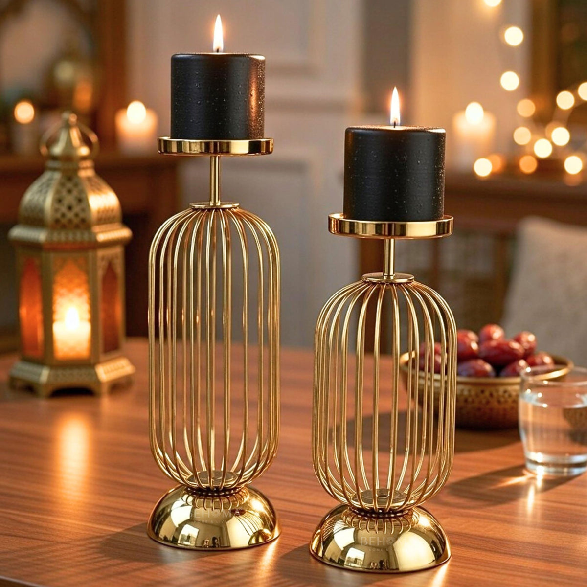 Behoma Metal Pillar Candle Holder Stand with Gold Finish - Small & Large