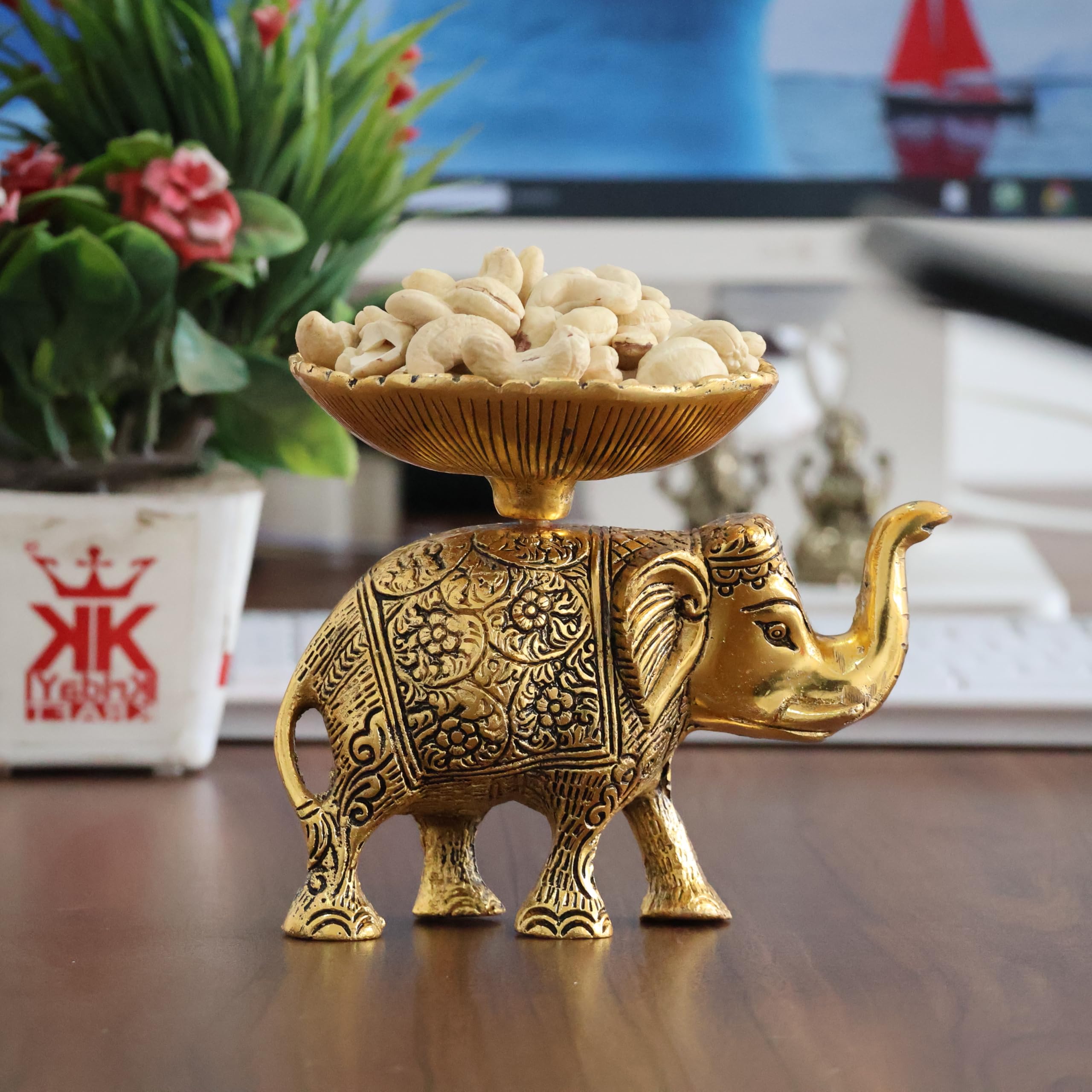 KridayKraft Metal Elephant Dry Fruit Bowl Showpiece Gold Polish for Your Home,Office Table Decorative,Elephant Showpiece Bowl for Gift,Animal Figurines
