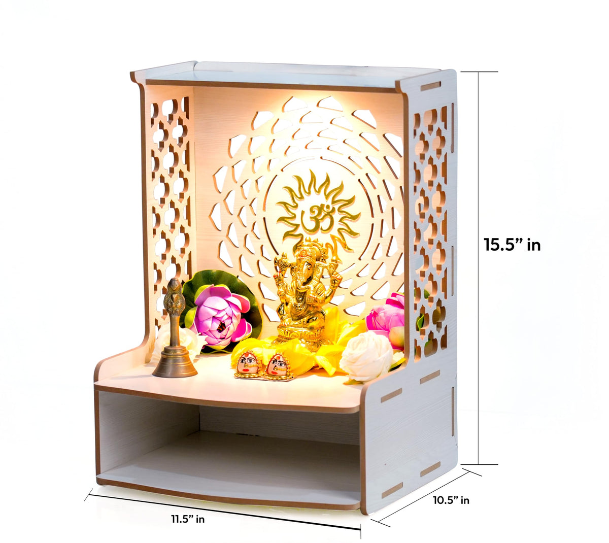 PIXELCRAFTS Wooden Temple Puja Mandir Art and Craft Temple for Home Shop Office with LED SPOT Light. (Size – H 15.5X L 11.5 x W 10.5 inch) White 1