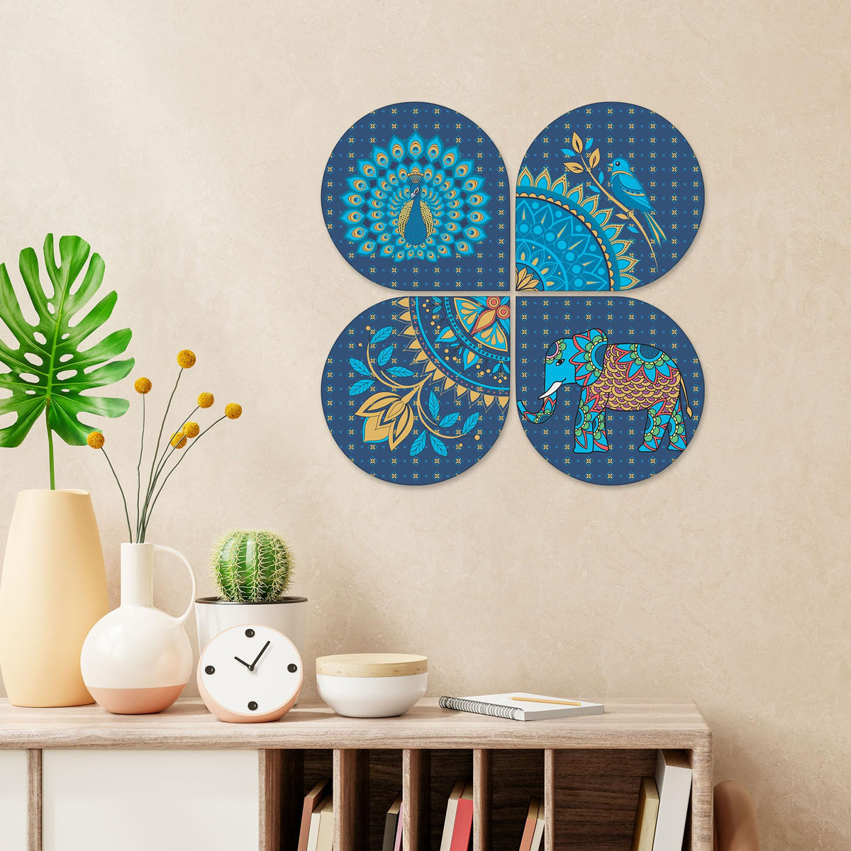 Artvibes Animal with Mandala Pattern Wooden Art Decoration Item for Home | Wood Decorative Items | Modern Decoration | Artwork | Festive Decor | Wall Art Print | Unique Gift Items (WH_8433N), Set of 4