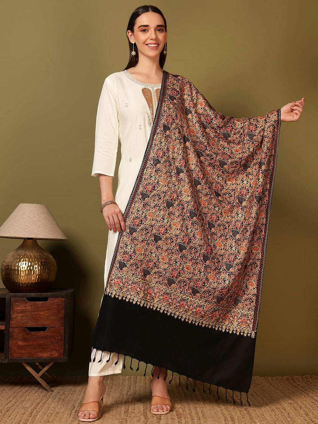 Pashmoda Women Hunar Fine Wool Nalki Embroidered Stole (Size : 28x80in, 71X203cm) EMST02
