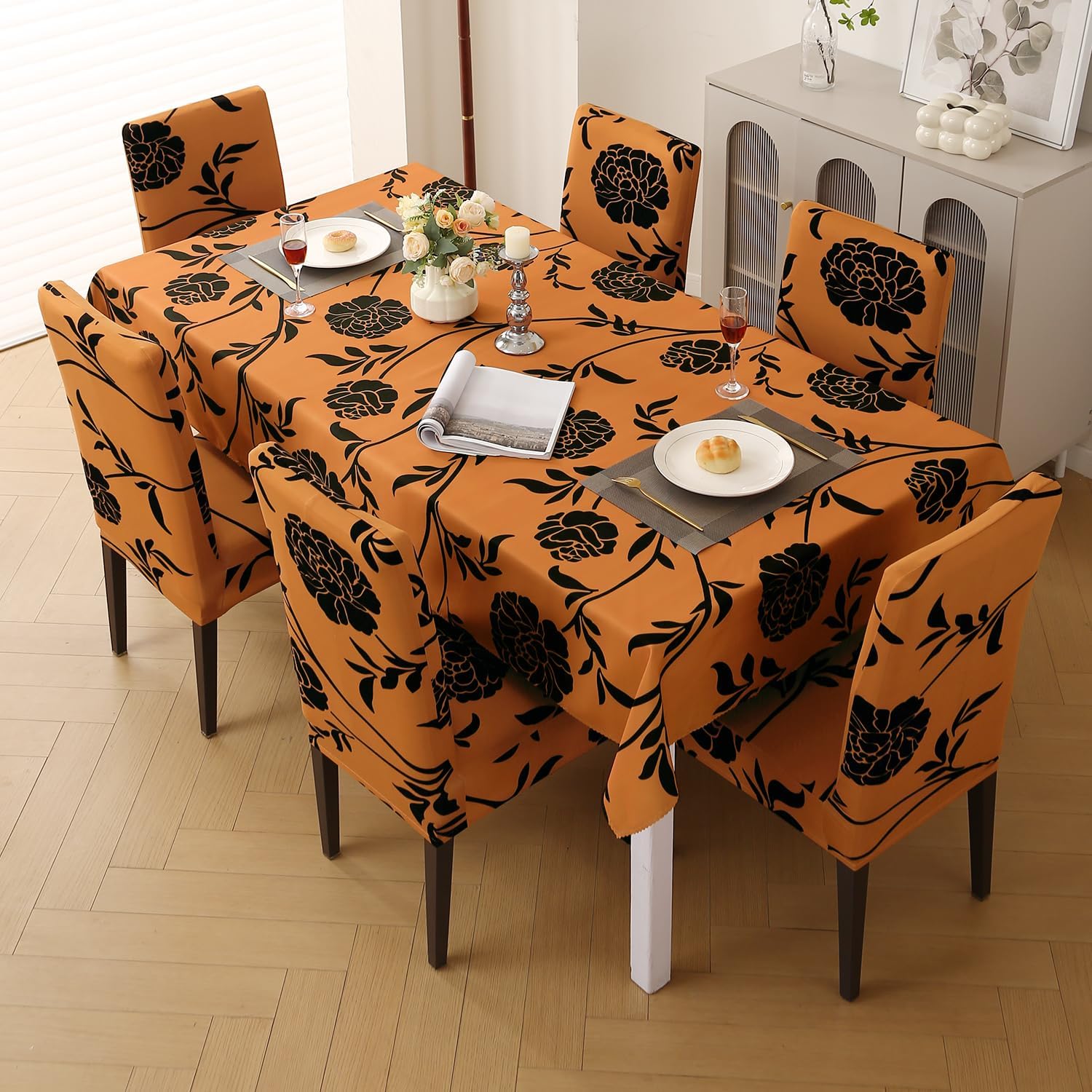 HOKIPO 'Elira Series' Stretchable Set of 6 Dining Chair Cover with Matching Tablecloth, Copper Brown Floral (NEW-AR-5372-C8)