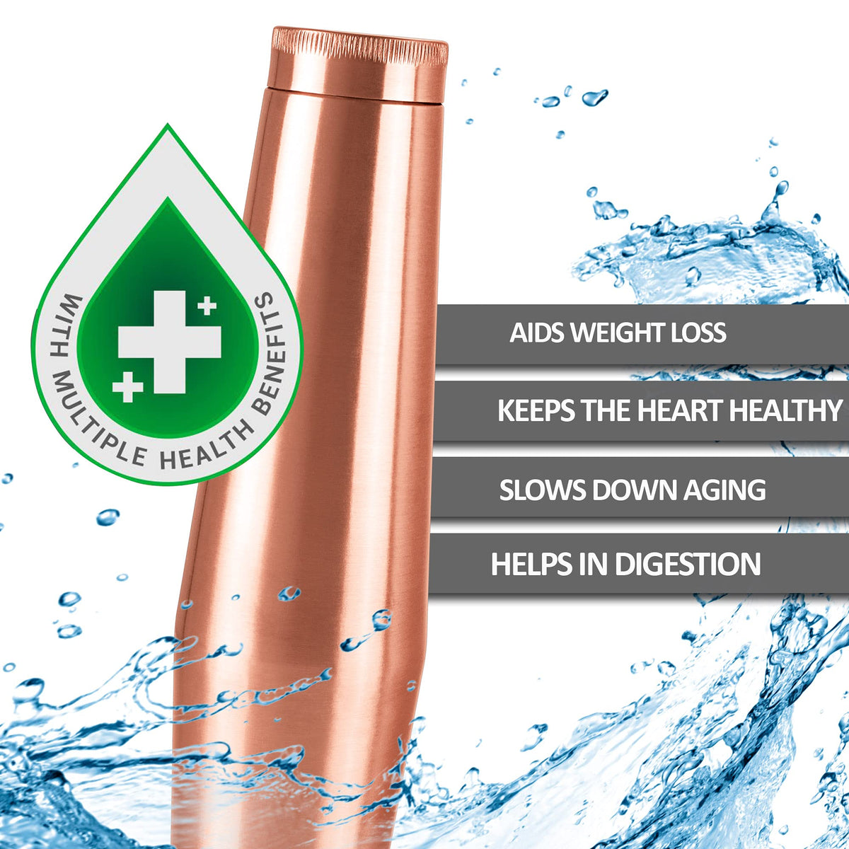 MILTON Copper Crown 1100 Water Bottle, Set of 2, 950 ml Each, Copper | 100% Leak Proof | Office, Home,Travel