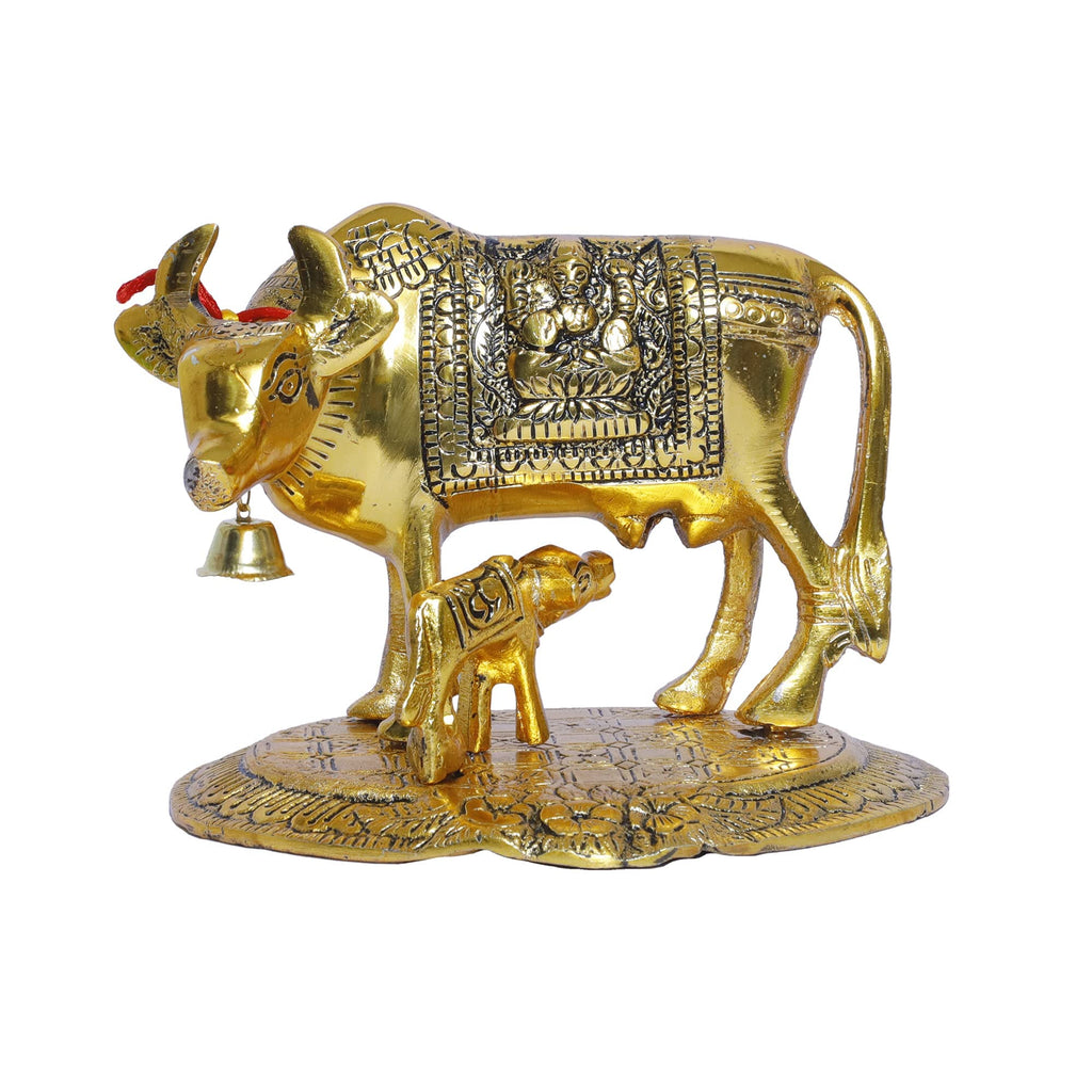 KridayKraft Gold Plated Kamdhenu Cow with Calf Metal Idols for Home Office Statue Murti for Decoration & Pooja Gifting Purpose Sculpture Good Luck Feng Shui As Table Top Figurine Gau MATA Idols