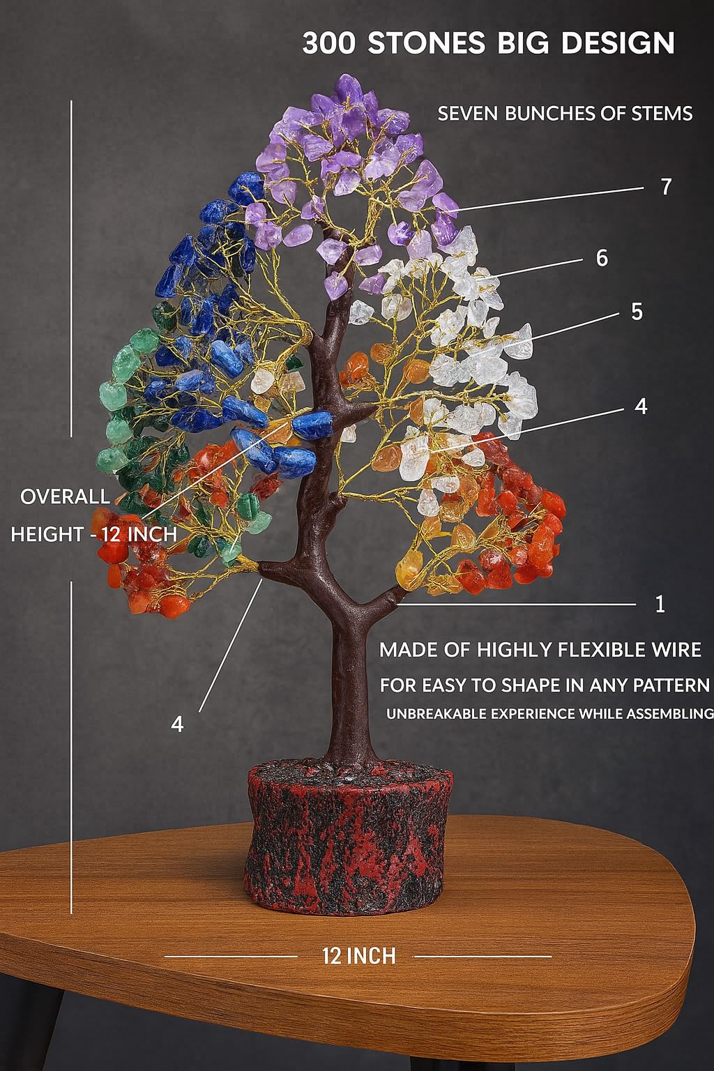 PARADIGM PICTURES 300 Gemstone Tree 12 Inch - Seven Chakra Crystals Tree for Good Luck, Home Decoration Items for Living Room, Plant with Pot