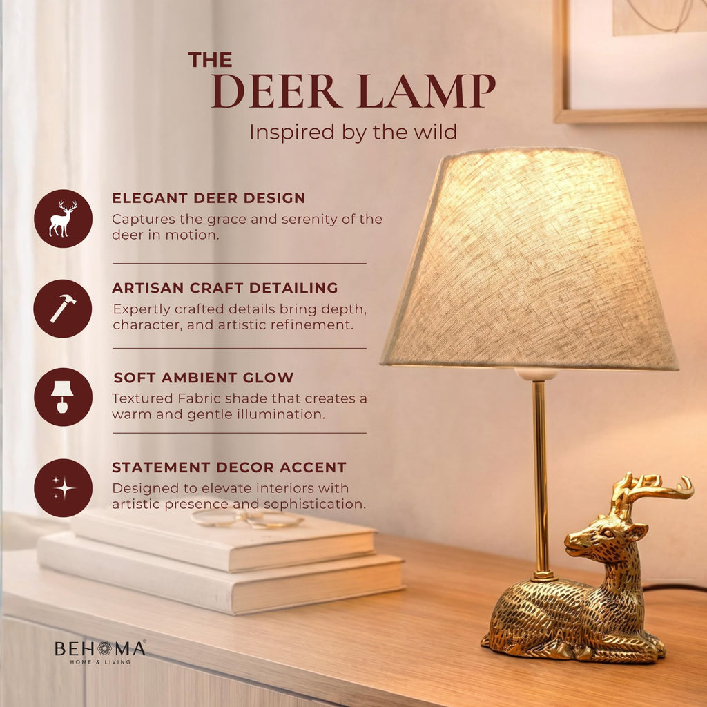 BEHOMA Deer Table Lamp with Antique Metal Base & Fabric Shade