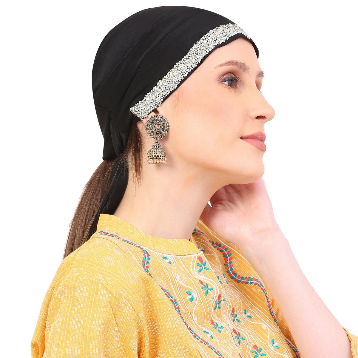 Women's Black Diamond Lace Cap Head Scarf with Silver Embellishments