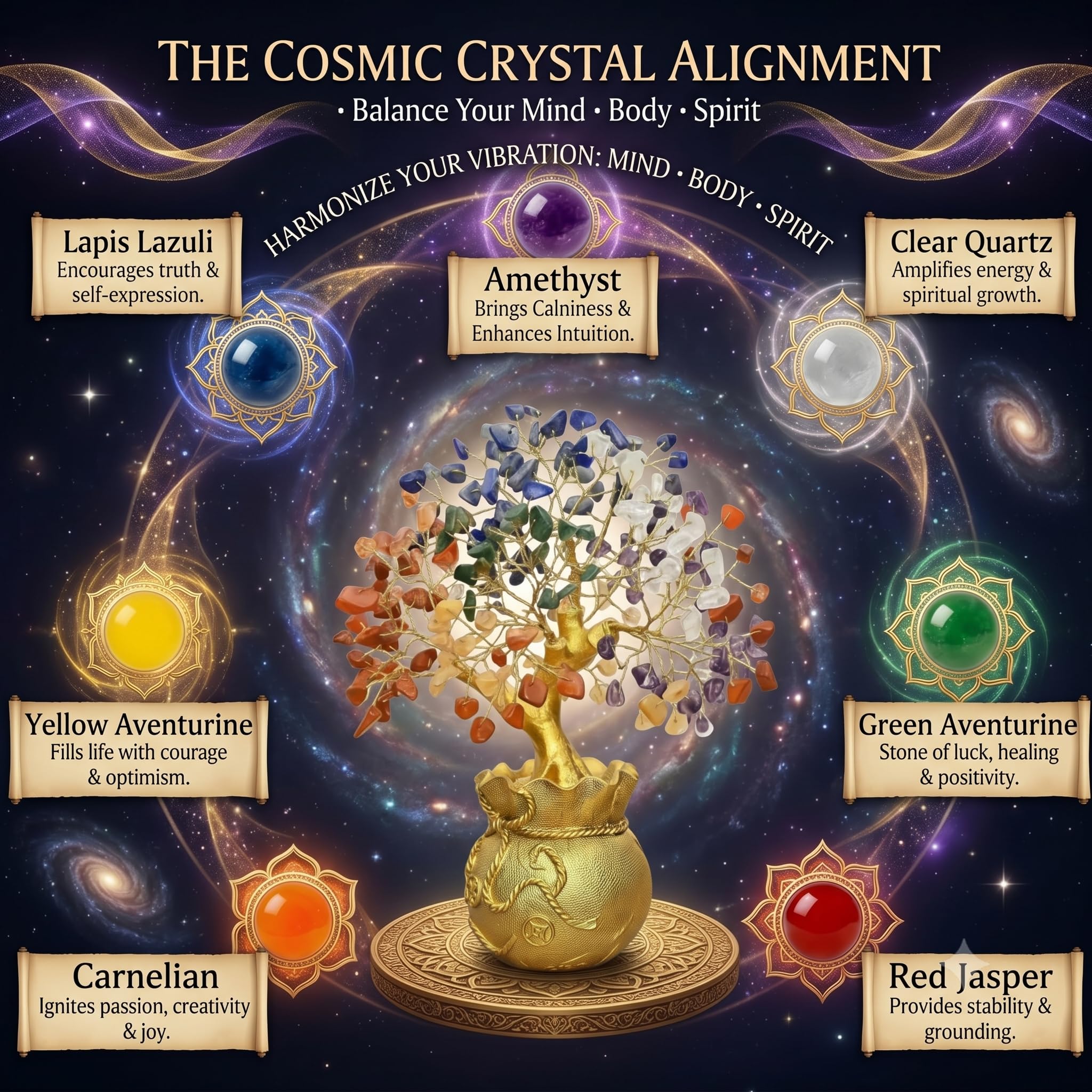 7 Chakra Crystal Tree with Golden Money Bag Base | Natural Gemstone Money Tree for Wealth Prosperity & Positive Energy | Feng Shui Vastu Tree for Home Office Decor & Good Luck Gift