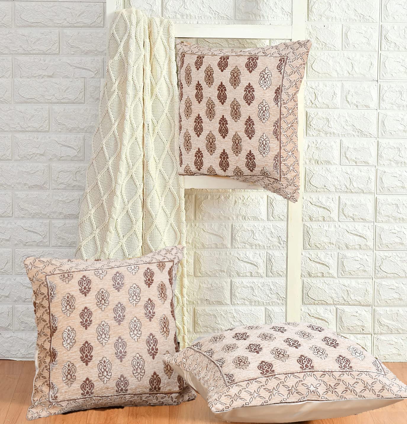 DECOMIZER Jacquard Geomteric Cushion Covers 24 Inch X 24 Inch Set Of 3 Ethnic Motifs 240 TC Cushion Covers,Design- Ambi,Color- Beige