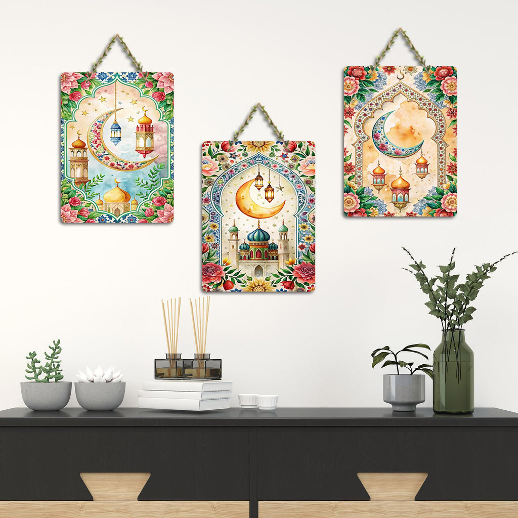 Artvibes Decorative Mosque Decorative Wall Hanging Wooden Art Decoration item for Living Room | Islamic Decoration | Wall Poster| Stylish Modern Decor Item | Gift Items (WH_96189N), Set of 3
