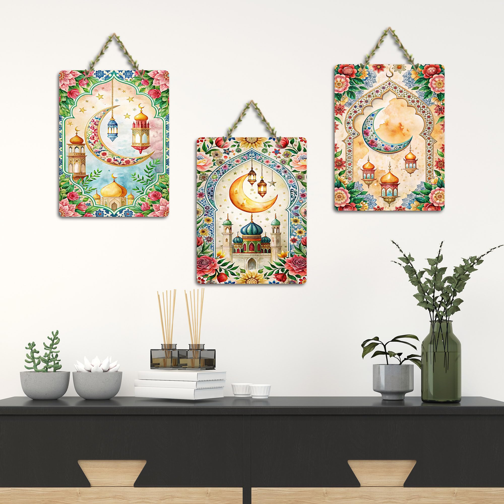Artvibes Decorative Mosque Decorative Wall Hanging Wooden Art Decoration item for Living Room | Islamic Decoration | Wall Poster| Stylish Modern Decor Item | Gift Items (WH_96189N), Set of 3