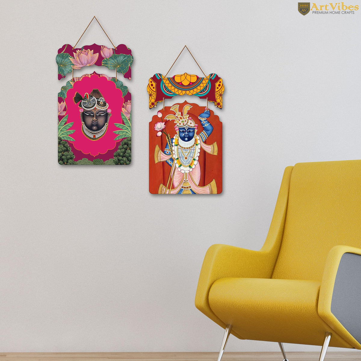 Artvibes Shrinath Ji Pichwai Art Wall Hanging Home Decorative Wall Art for Prosperity | Spiritual Decor Items | Wall Illustrations| Stylish Modern Decor Item | Gift Items (WH_9214N), Set of 2