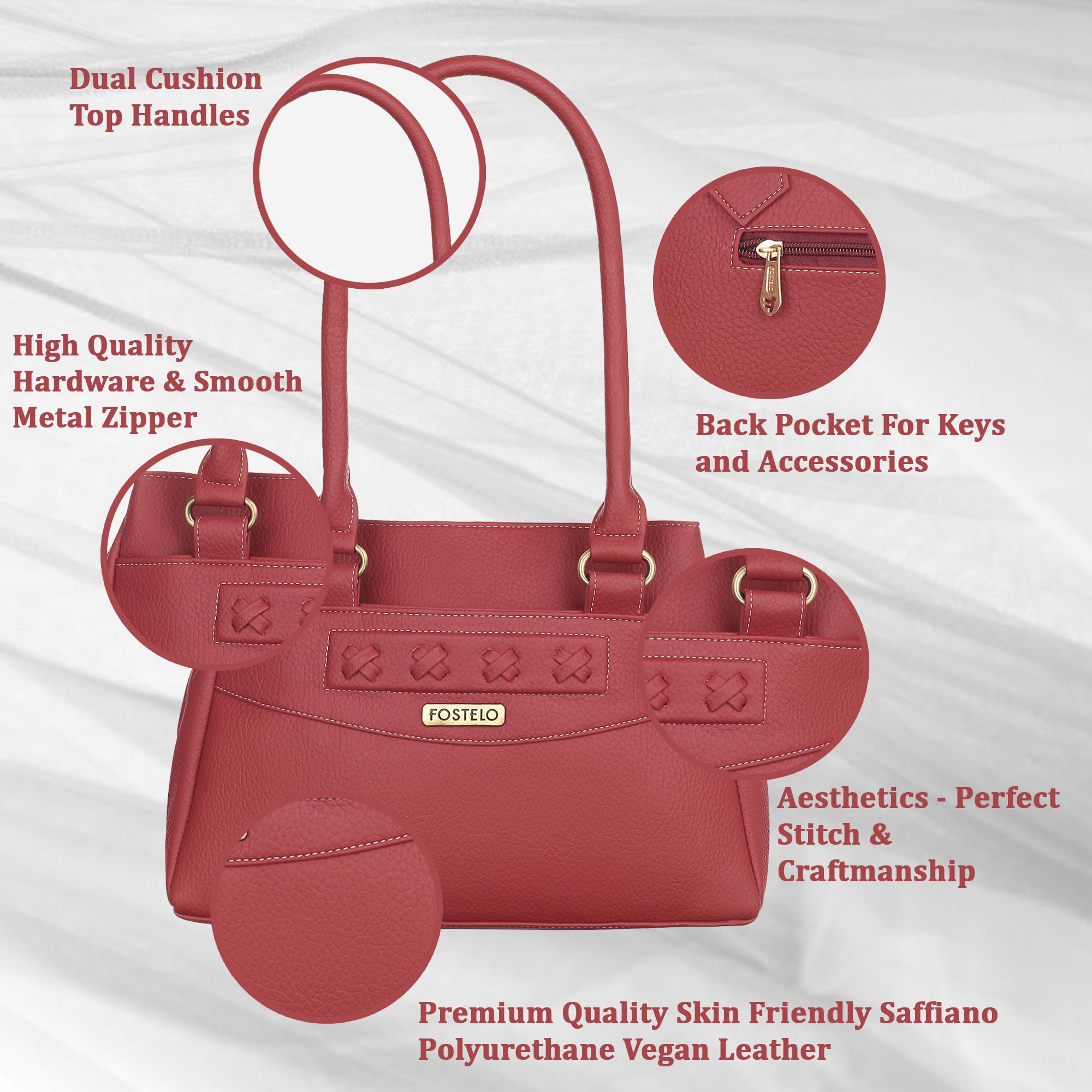 Fostelo Women's Maria Satchel Tote Handbag for Women | Ladies Purse | Stylish Shoulder Bag | Gift For Women | Maroon