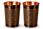 i2collections Pure Copper Water Glass Set of 2 with Elegant Etching Design, Handmade Ayurvedic Drinking Tumblers for Daily Use, Dining, Kitchen, Festive, Wedding & Housewarming Gift Set