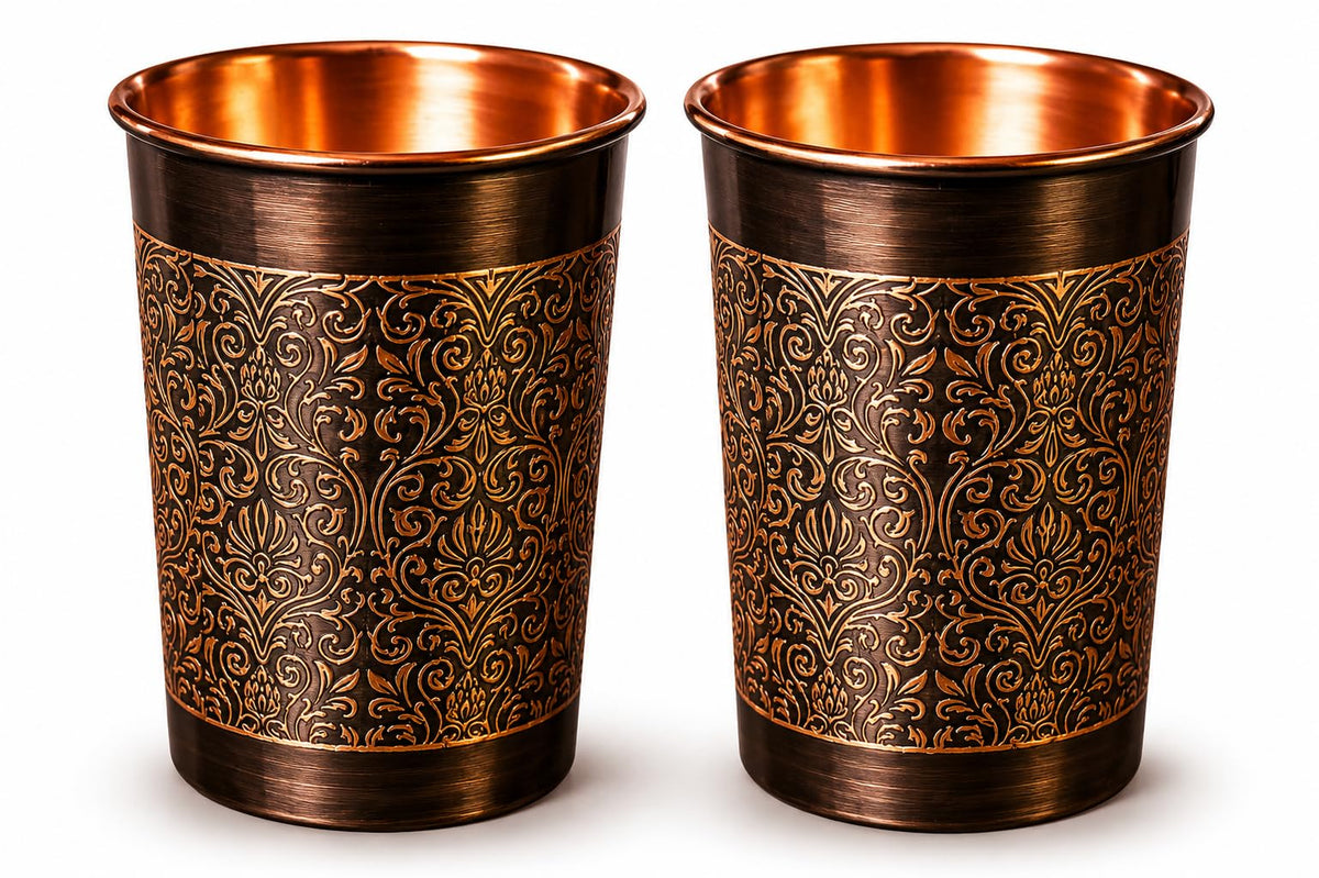 i2collections Pure Copper Water Glass Set of 2 with Elegant Etching Design, Handmade Ayurvedic Drinking Tumblers for Daily Use, Dining, Kitchen, Festive, Wedding & Housewarming Gift Set