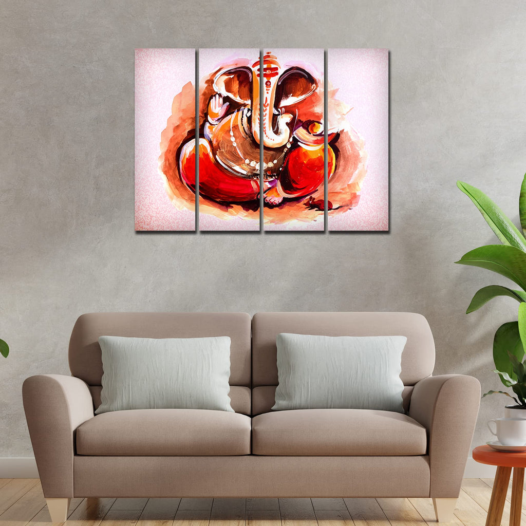 VIBECRAFTS 4 Pieces Devotional Shree Ganesha Canvas Wall Painting Fitted With Wooden Frame For Home | Office | Living Room | Gift(PTVC4Pcs1_13525)