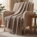 HOKIPO Caramel Clay Knitted Cotton Sofa Throw 50x60 Inches with Decorative Pom Pom Tassels for Elegant Living Room Sofa Bed, Chairs, 'Oasis Palm' Series (IN-1136-BR) Kafalo