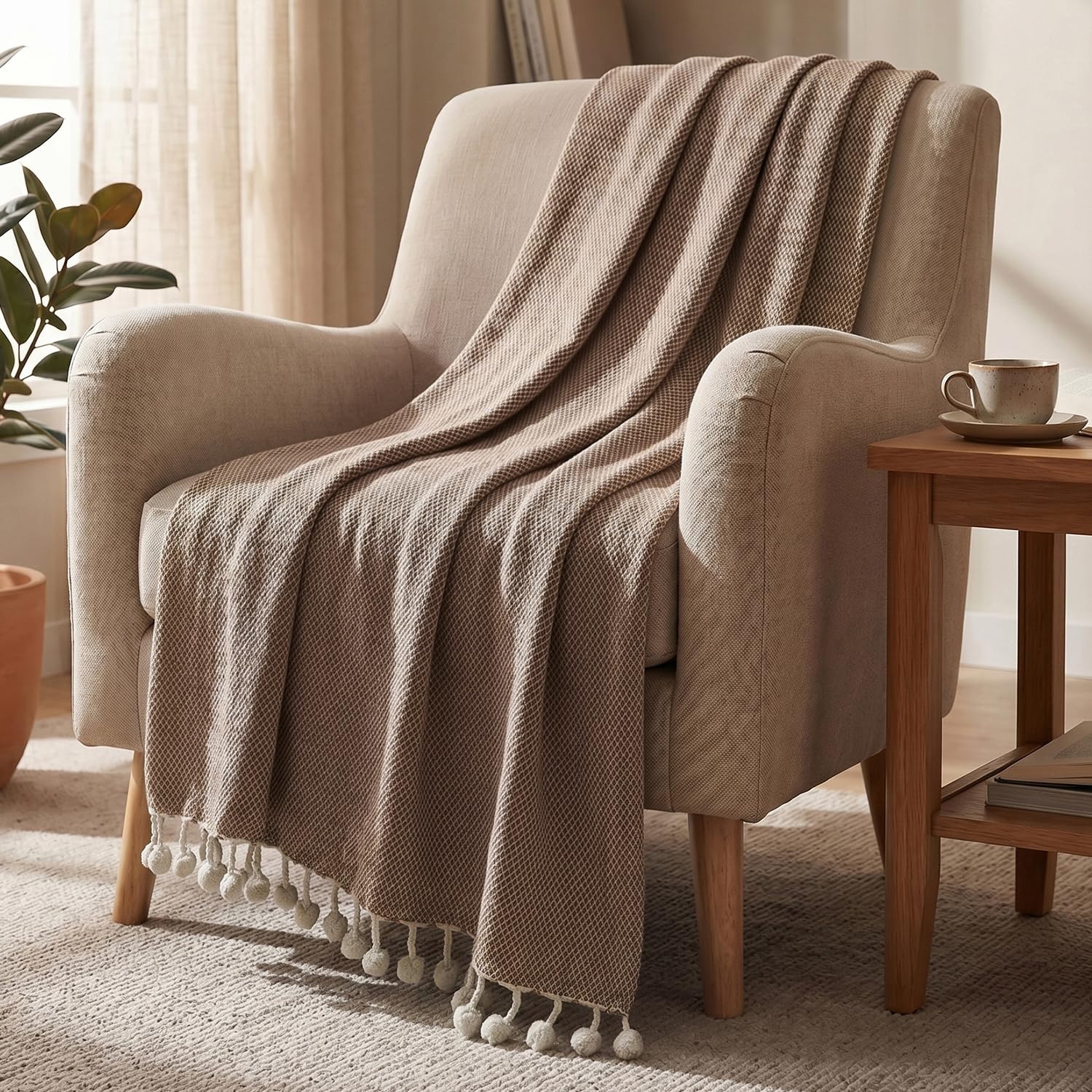HOKIPO Caramel Clay Knitted Cotton Sofa Throw 50x60 Inches with Decorative Pom Pom Tassels for Elegant Living Room Sofa Bed, Chairs, 'Oasis Palm' Series (IN-1136-BR) Kafalo