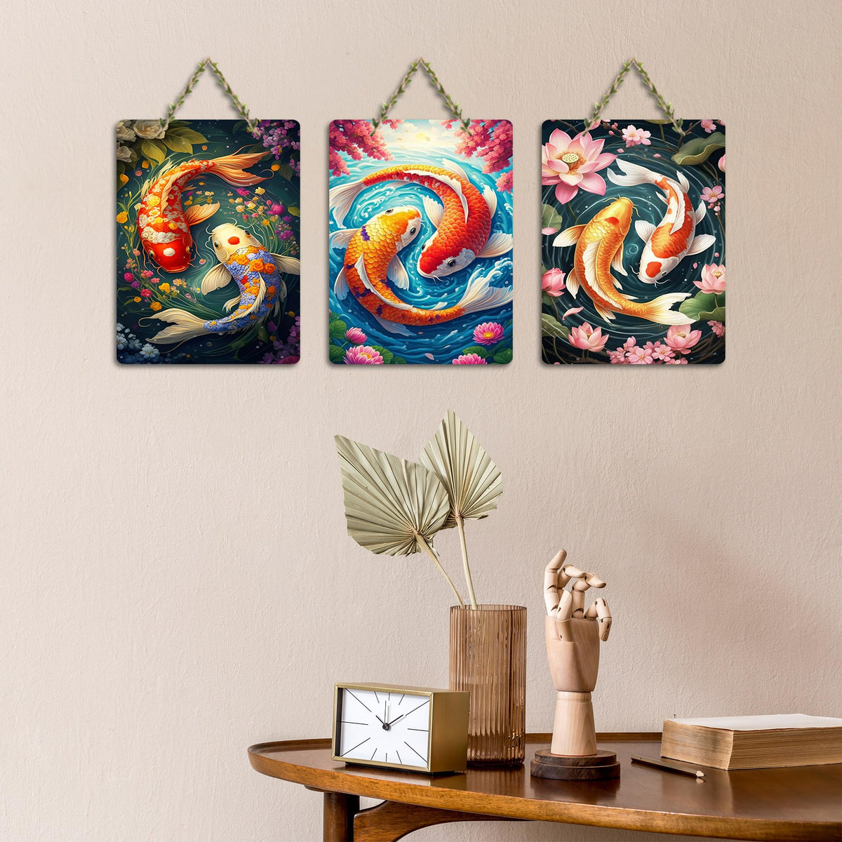 Artvibes Koi Fish Art Home Decorative Wall Art MDF Wooden Wall Hanger for Living Room | Wall Sculpture | Signs & Plaques | Graphic Artwork | Poster | Wall Accents | Unique Gift (WH_96169N), Set of 3