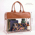 Clear Tote Bag with Brown Embossed Leather Handles, Transparent PVC Travel Organiser Handbag