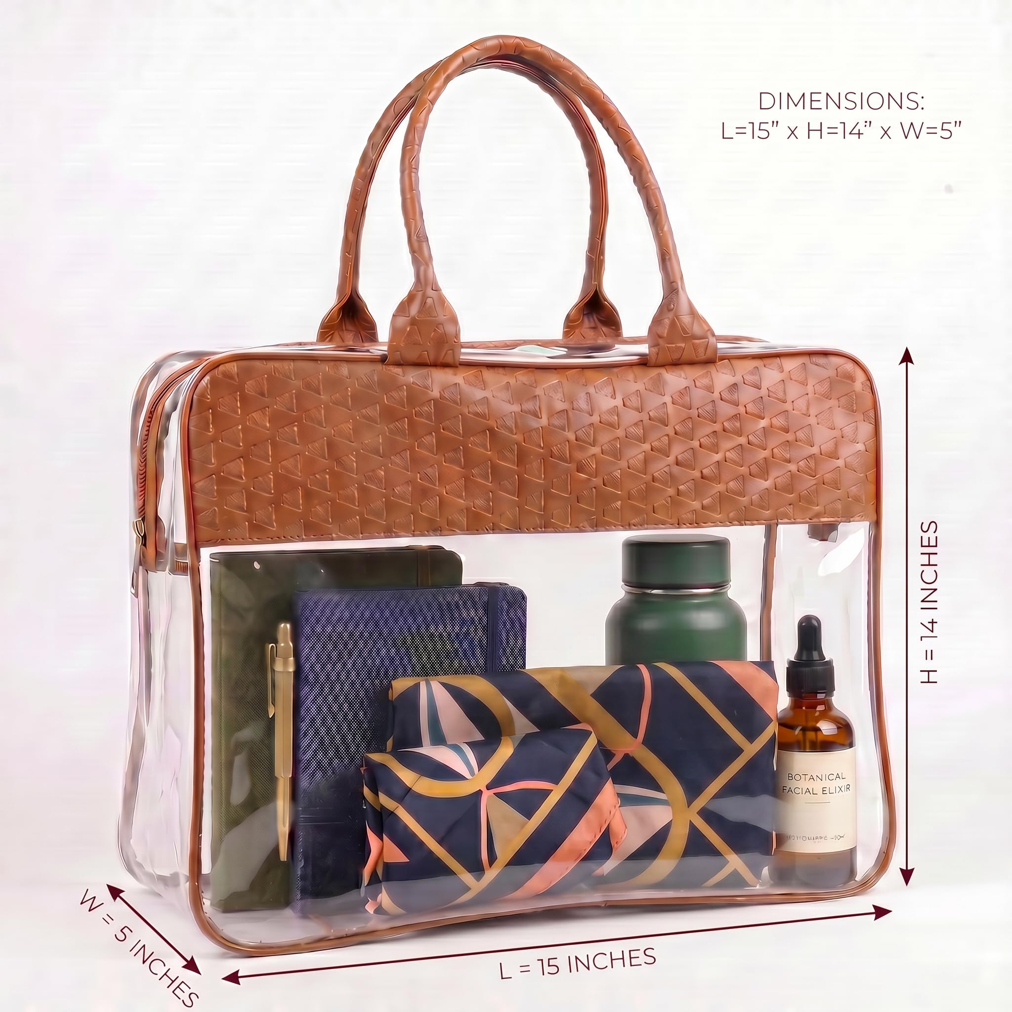 Clear Tote Bag with Brown Embossed Leather Handles, Transparent PVC Travel Organiser Handbag