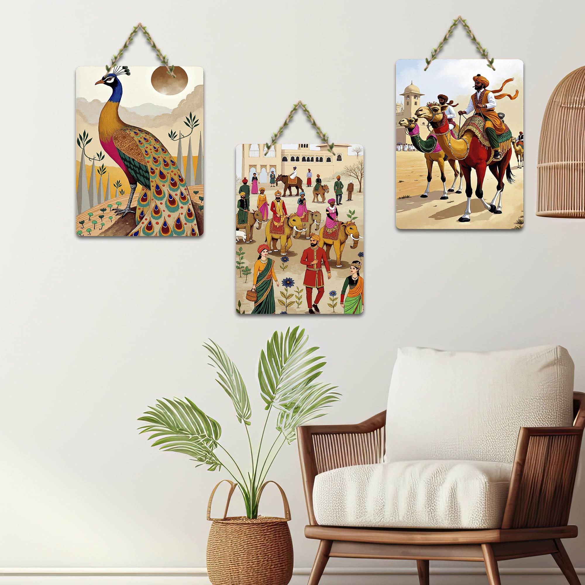 Artvibes Royal Rajasthan Artwork Wooden Art Decoration Item for Living Room | Room Wall Art | Wood Decorative Items | Modern Decoration | Aesthetic Wooden Decor | Ideal Gifts (WH_96121N), Set of 3