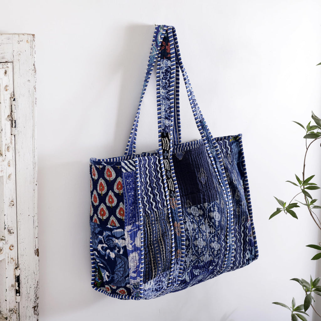 Ravaiyaa - Attitude is everything Patchwork Quilted Tote Bag Women Reversible Shoulder Bag Cotton Carry Bag Multipurpose Tote Bags (Blue)