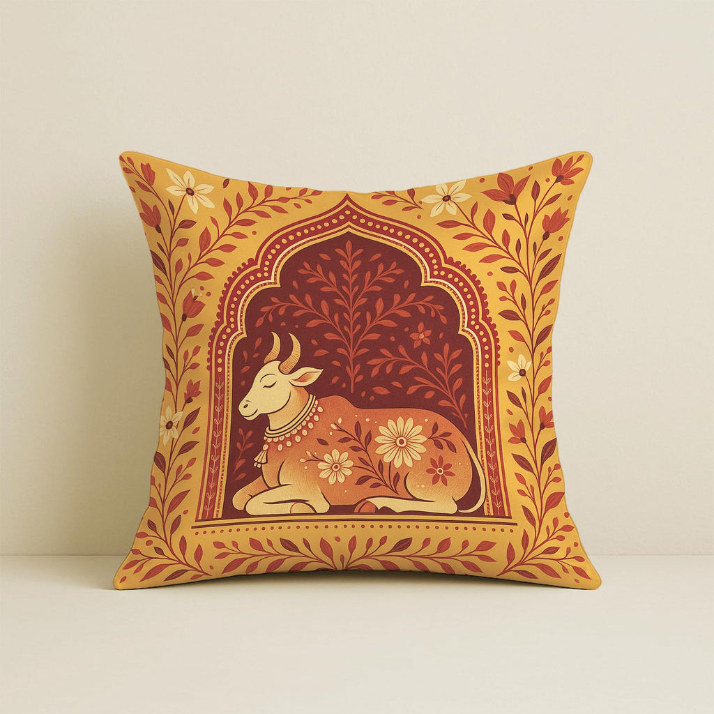STITCHNEST Satin Cushion Covers Traditional Cow and Floral Design in Rajasthani Style, 16x16 Inch, Pack of 2 for Spiritual & Artistic Living Room Decor