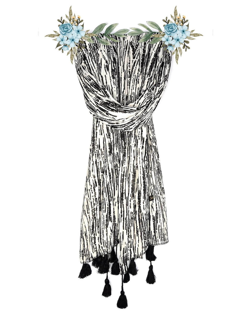 Chandwasia Fashion Floral Printed Scarf | Neck Shoulder Head Wrap Styling Dupatta Use | Polyester Chiffon Fabric Tassel Border Lightweight Soft Texture Pattern Women - White/Black