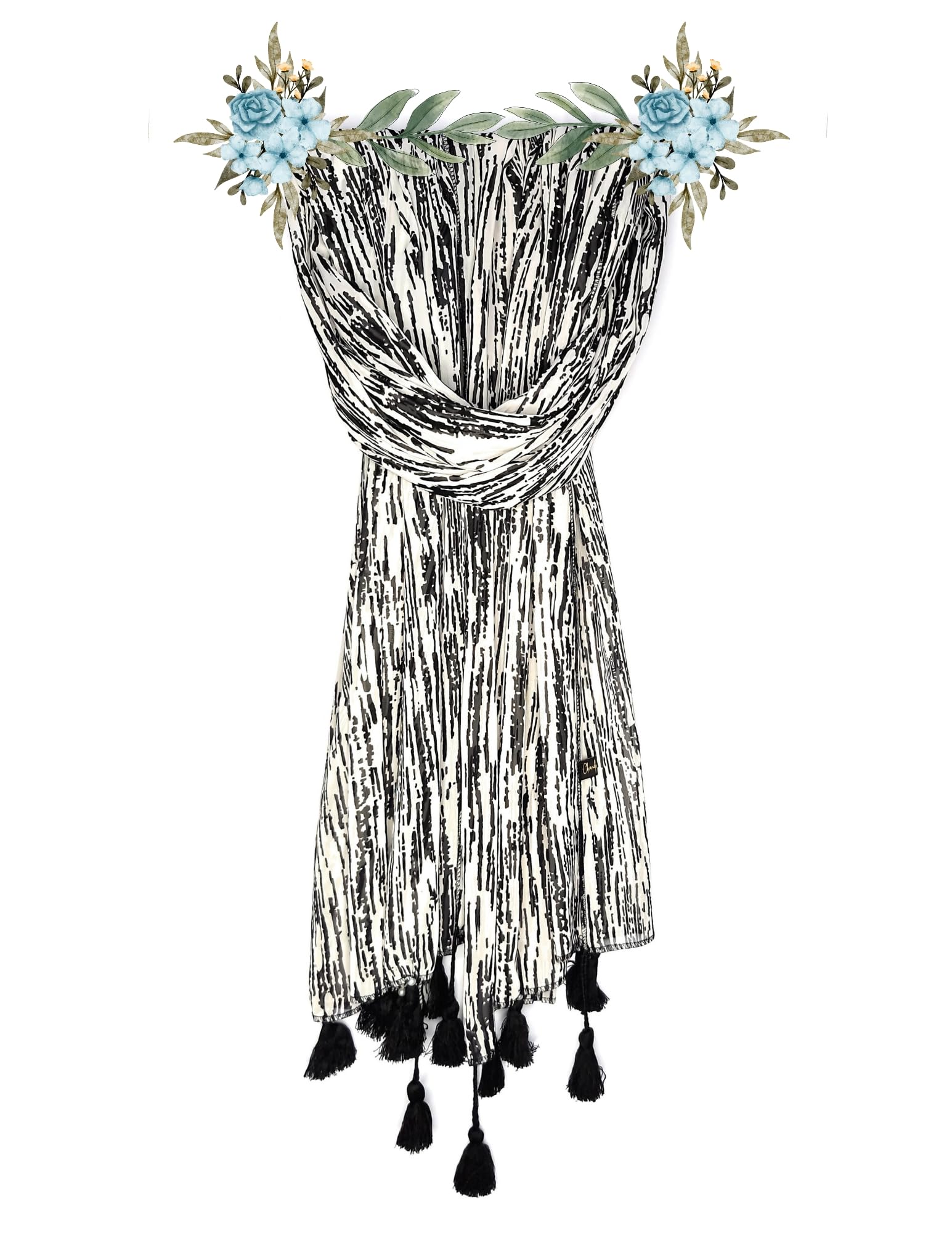 Chandwasia Fashion Floral Printed Scarf | Neck Shoulder Head Wrap Styling Dupatta Use | Polyester Chiffon Fabric Tassel Border Lightweight Soft Texture Pattern Women - White/Black