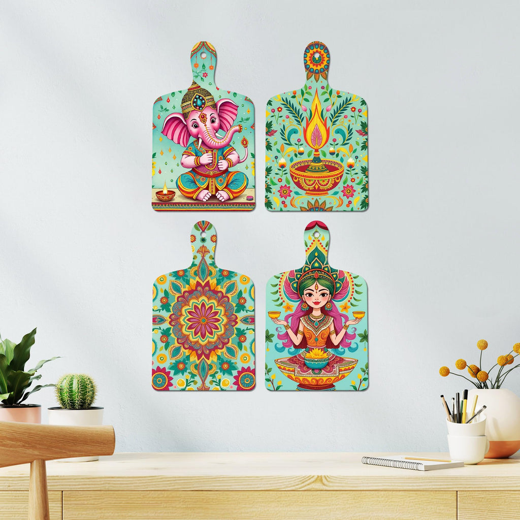 Artvibes Indian Traditional Shri Ganesh Lakshmiji Folk Art Auspicious Wooden Art Work Wall Hanging | Spiritual Decor Items | Wall Sculpture | Signs & Plaques | Ideal Gifts (WH_5649N), Set of 4
