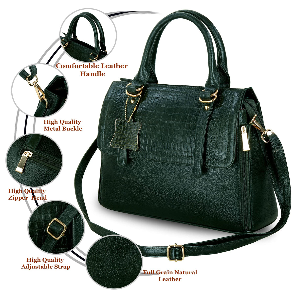 RICHSIGN LEATHER ACCESSORIES Full-Grain Natural Leather Top-Handle satchel Tote Ladies Handbags & Shoulder Sling Bags For Women Office Branded Stylish Latest Size-L-11 X H-10 x W- 5 In (GREEN DARK)