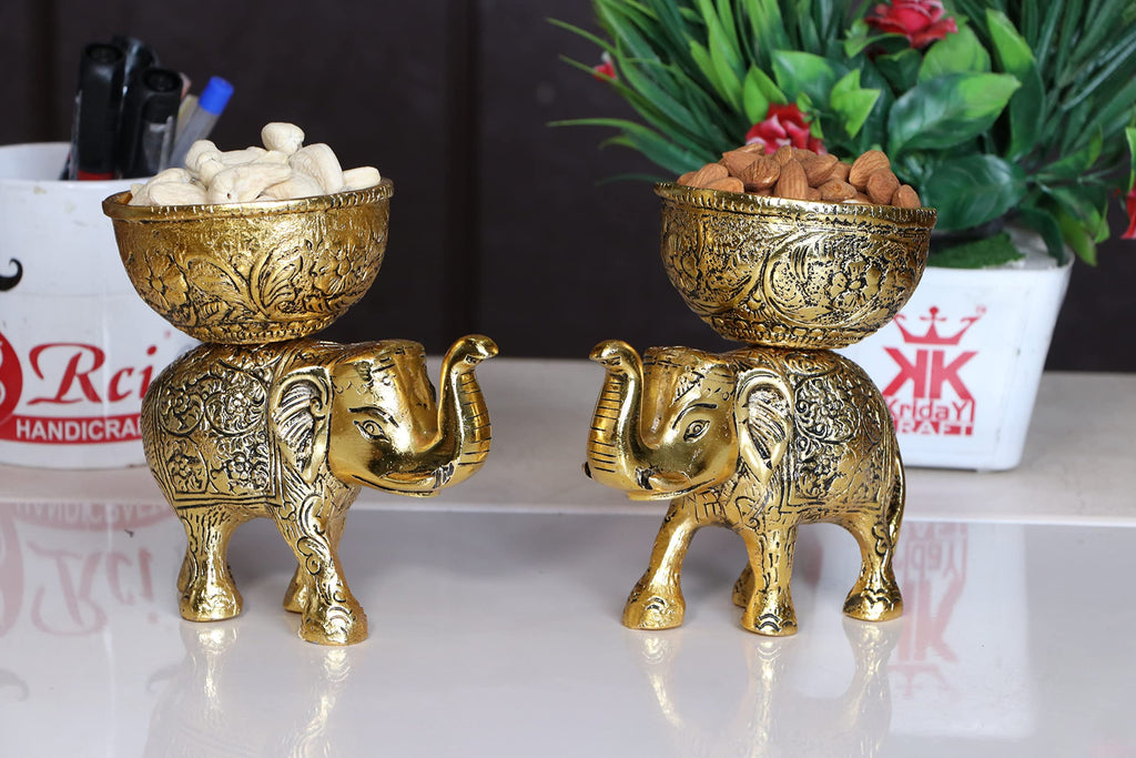 KridayKraft Metal Elephant Dry Fruit Bowl Showpiece Gold Polish for Your Home,Office Table Decorative,Elephant Showpiece Bowl Set (2 Pcs) for Gift,Animal Figurines...