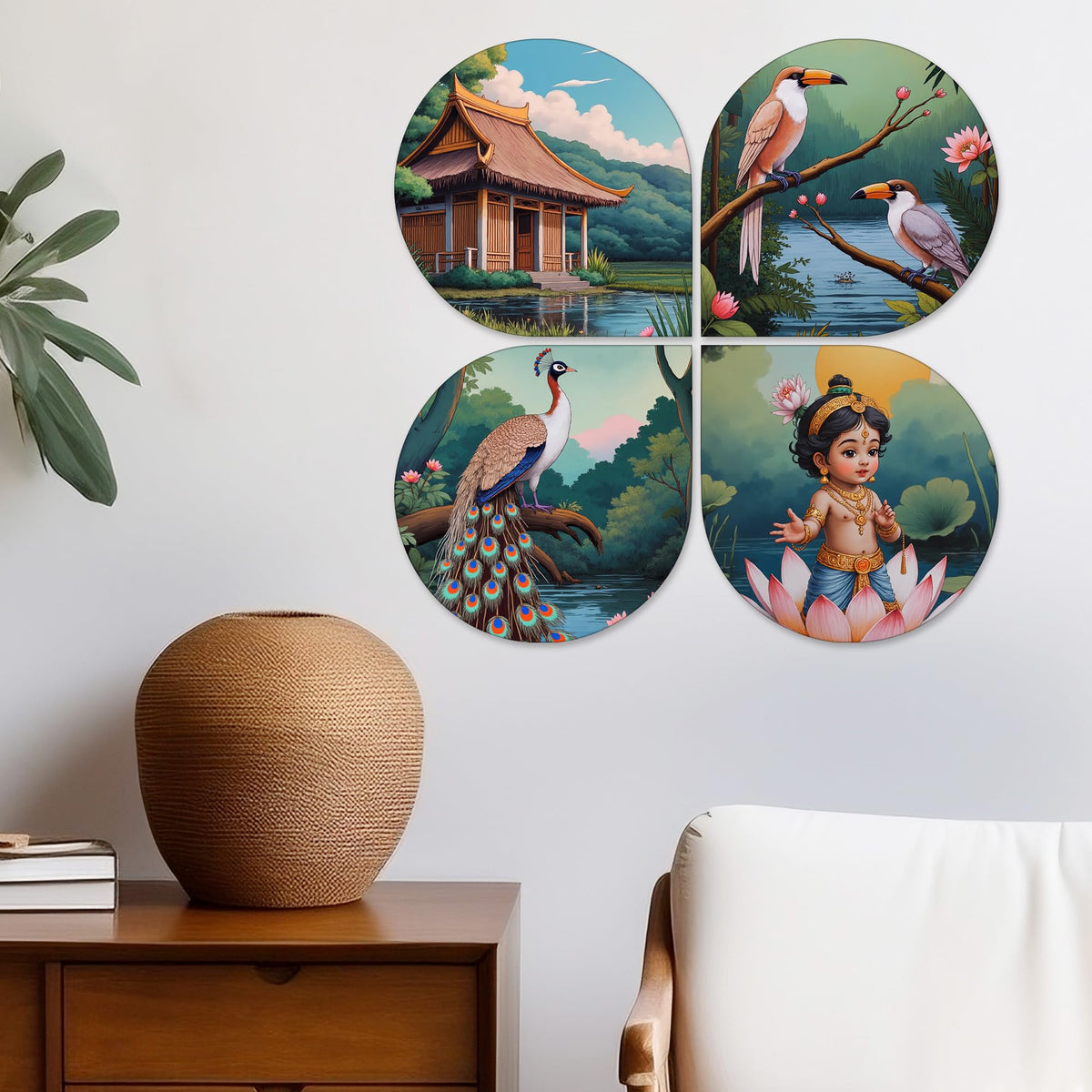 Artvibes Nature Spiritual Wooden Wall Hanger for Home Decor | Graphic Artwork | Door Decoration Items | Paintings For Wall | Wall Art Print | Handcrafted Art | Unique Gift Items (WH_8429N), Set of 4