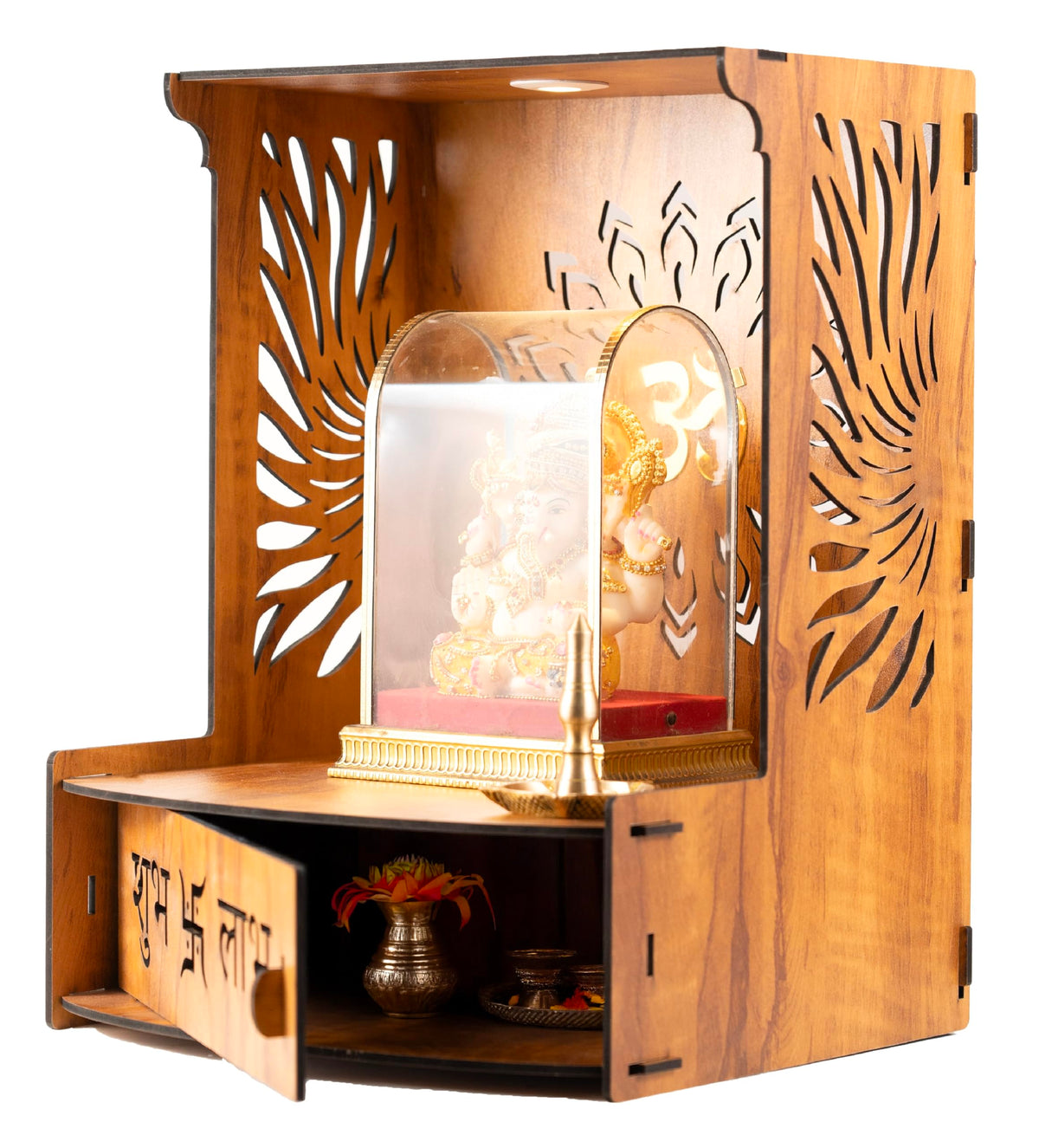 Crotomak Wooden Temple Mandir Pooja Stand for Home, Office Puja Mandir with Drawer Door Foldable Premium with LED Spot Light Foding Temple (SHUBH-02)