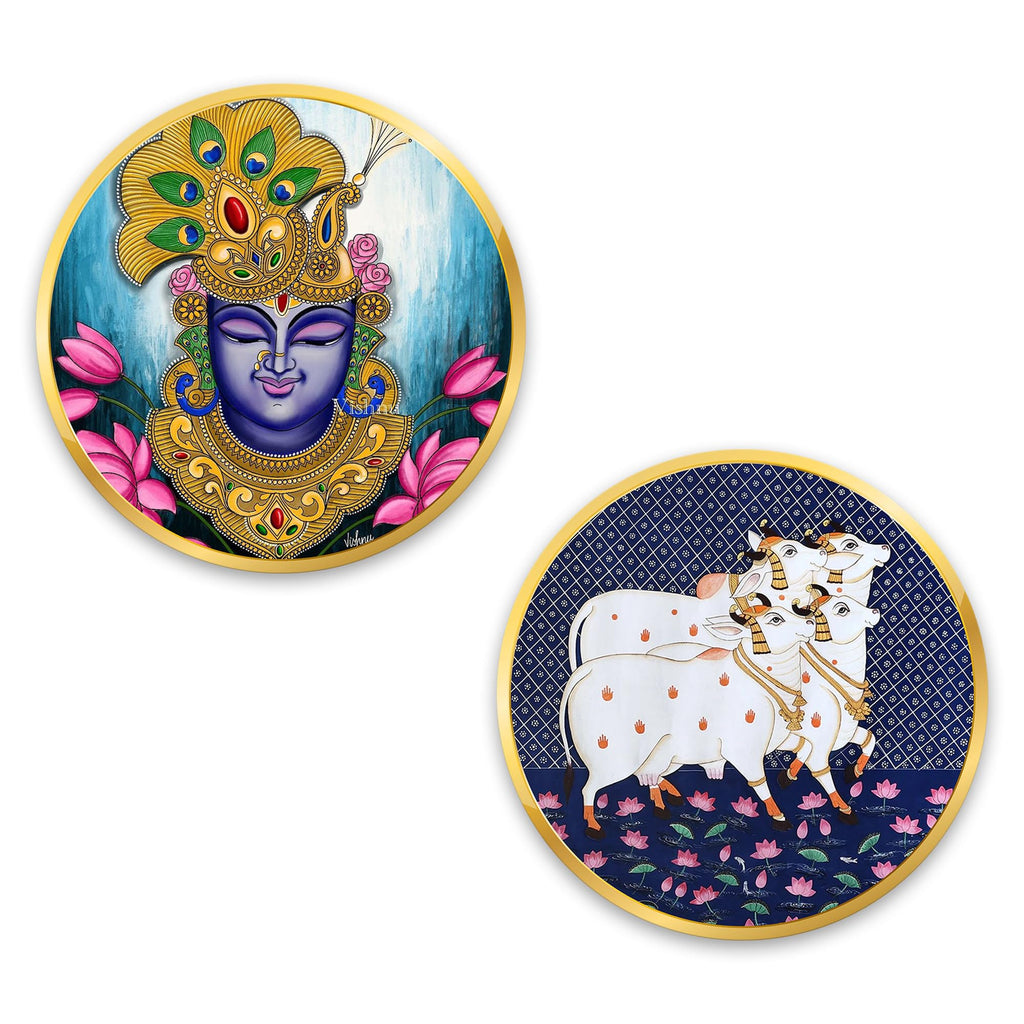 Artvibes Shrinath Ji & Cow Pichwai Art Round Shape MDF Wooden Wall Decor Items | Living Room | Handcrafted Art | Wall Illustrations | Art Prints | Aesthetic Wall Art | Ideal Gifts (WH_8807N), Set of 2