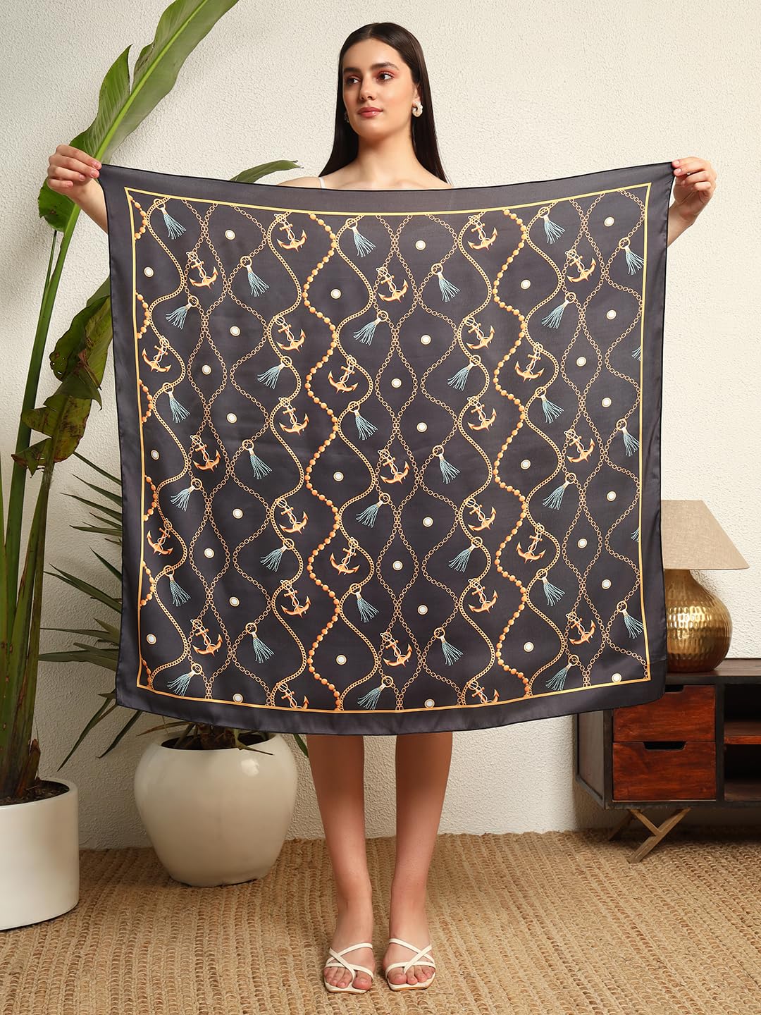 Ravaiyaa - Attitude is everything Women's Crepe Silk Digital Print Large Square Scarf Breathable Lightweight Neckerchief Printed Headscarf 40 x 40 Inch (Black Anchor)
