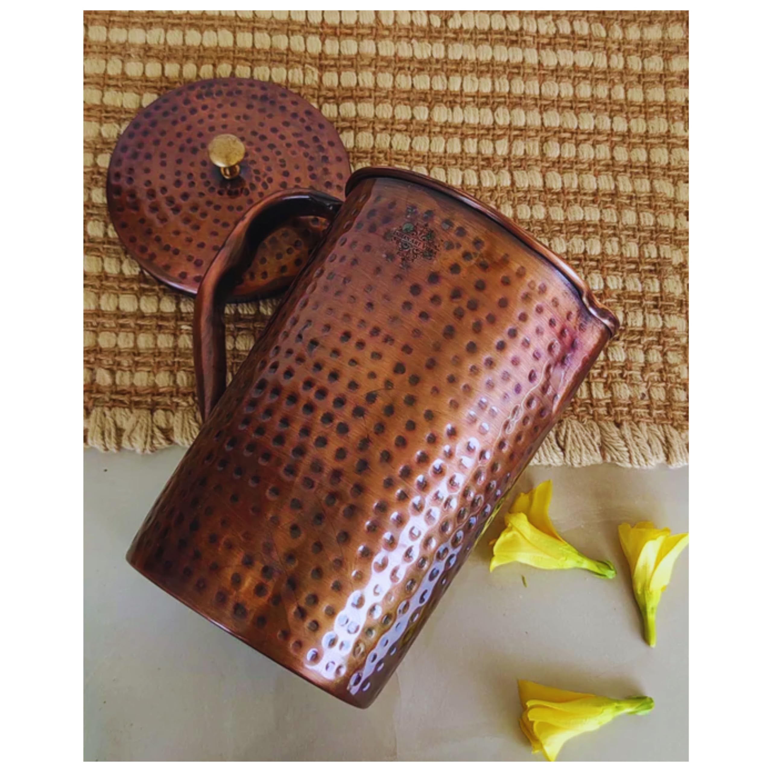 Indian Art Villa Copper Jug Pitcher with Hammered Design - Antique Dark Tone - 1500 ML - Storage & Serving Water for Yoga Ayurveda Healing