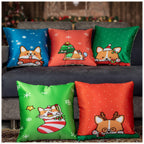 Vendola Decorative Merry Christmas Satin Cushion Cover 12 Inch x 12 Inch, Cushion Covers Set of 5, Sofa Pillow Cover Set for Home, Sofa & Living Room, Cute Animal Print, Green Red, Blue, 12X12 Inches