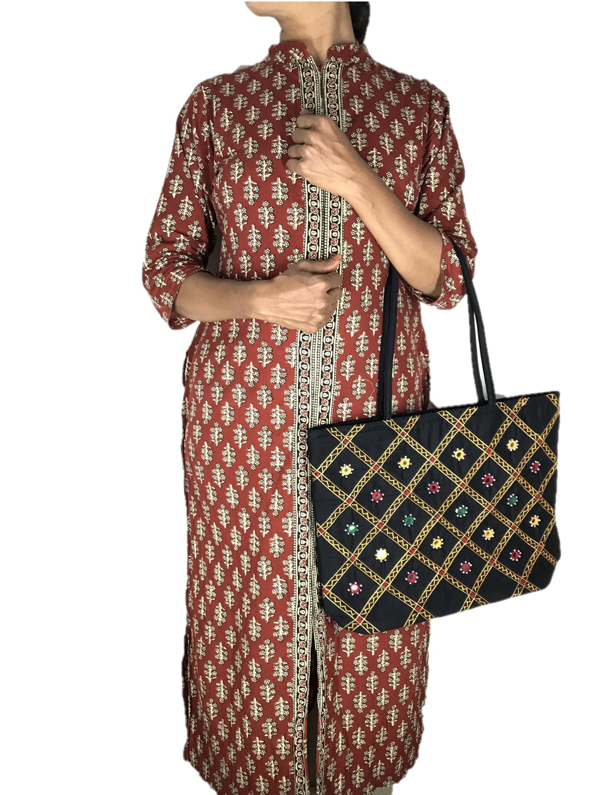 srishopify handicrafts Black Tote Bags For Women Office Use Handmade Traditional Shoulder Bag For Party Wedding Gifts Handbag Birthday Gift Items Aunty | 30x40x10 cm Original Mirror Work Stylish