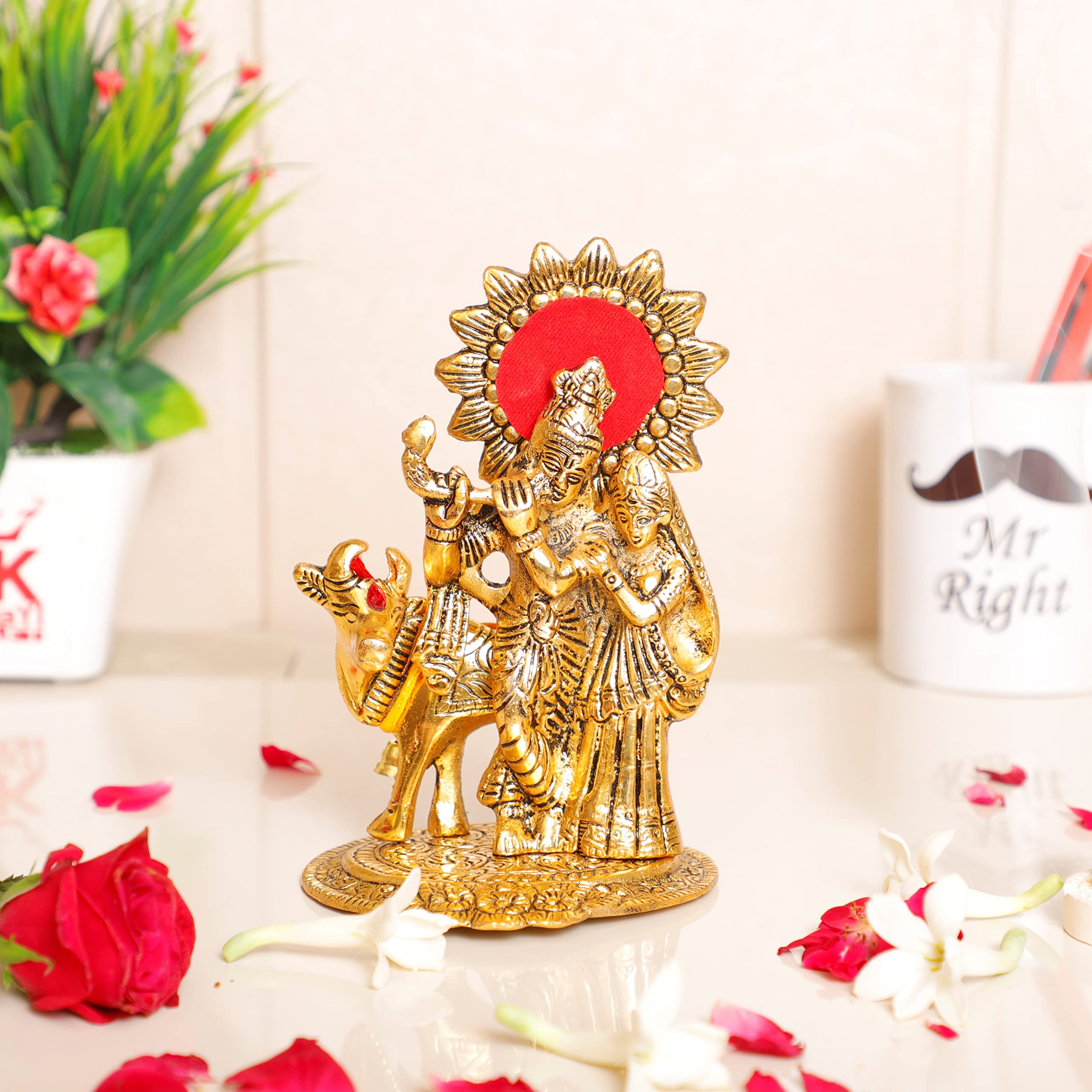 KridayKraft Metal Radha Krishna Standing with Cow Statue for Decorative Home Office and Gifts