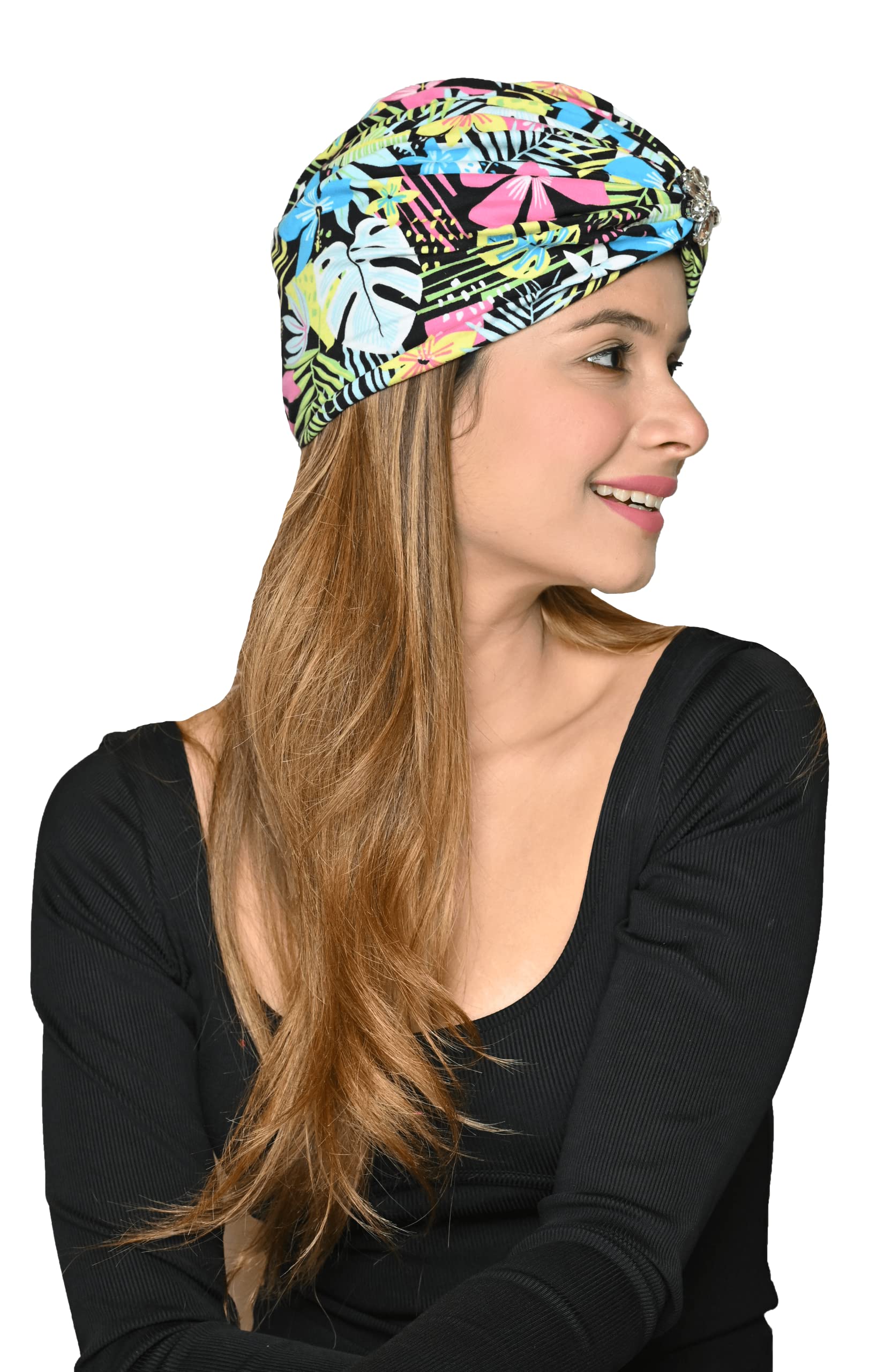 The Headscarves Beautiful Printed Bamboo Viscose Headscarf with Brooch – Stylish Chemo Headwear for Women, Hijab Head Wrap, Cancer Turban Scarf, Breathable Head Cover for Hair Loss Multicolour